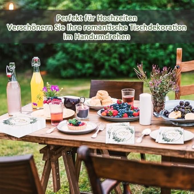 PACK OF 80 WEDDING NAPKINS HEARTS AROUND EUCALYPTUS WHITE, EUCALYPTUS GREEN TABLE DECORATION WEDDING, GOLDEN WEDDING, SAGE GREEN TABLE DECORATION (33 X 33 CM) - Image 4